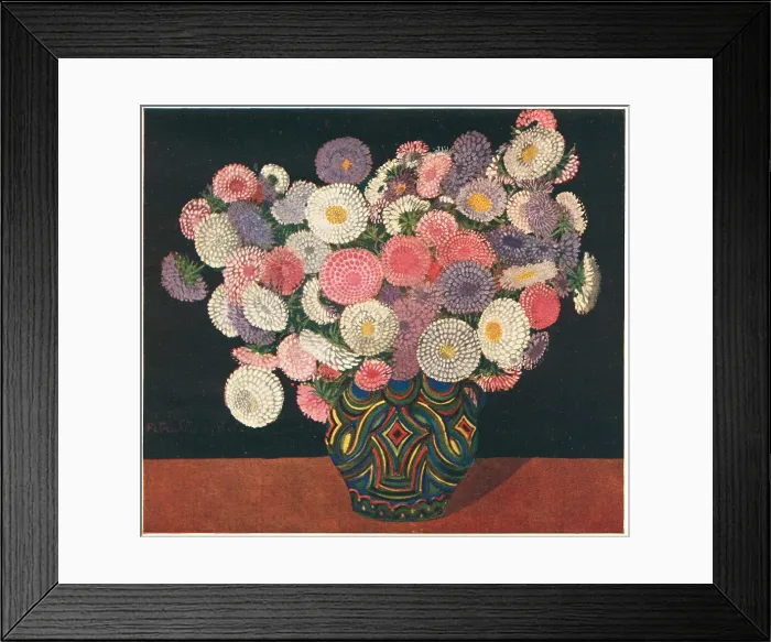 Framed Print : Dahlias. A still life painting of a highly decorative patterned vase Framed Print : Dahlias. A still life painting of a highly decorative patterned vase