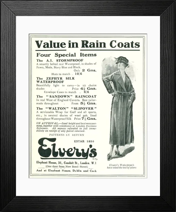 Framed Print : Elvery's Rain Coats Advertisement Framed Print : Elvery's Rain Coats Advertisement