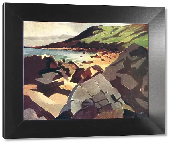 Ebber. A landscape oil painting of a rocky beach, with a curving shoreline