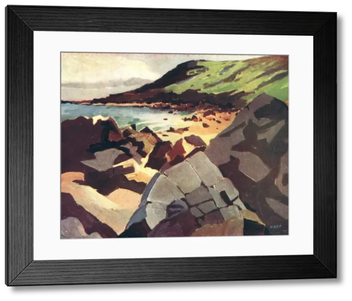 Framed Print : Ebber. A landscape oil painting of a rocky beach, with a curving shoreline Framed Print : Ebber. A landscape oil painting of a rocky beach, with a curving shoreline