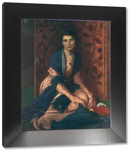 Miriam. A portrait painting of Miriam, a young woman knelt by a flora decorated screen