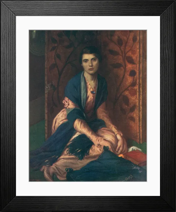 Framed Print : Miriam. A portrait painting of Miriam, a young woman knelt by a flora decorated screen Framed Print : Miriam. A portrait painting of Miriam, a young woman knelt by a flora decorated screen
