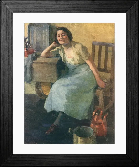 Framed Print : Resting. A portrait oil painting of a smiling young woman wearing a blue Framed Print : Resting. A portrait oil painting of a smiling young woman wearing a blue