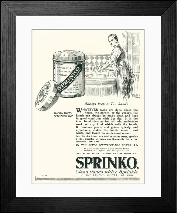 Framed Print : Vinolia Company Sprinko Advertisement Framed Print : Vinolia Company Sprinko Advertisement