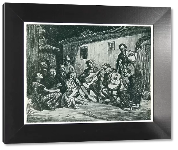 Malaquera. This pencil drawing captures a musical scene in which a closely