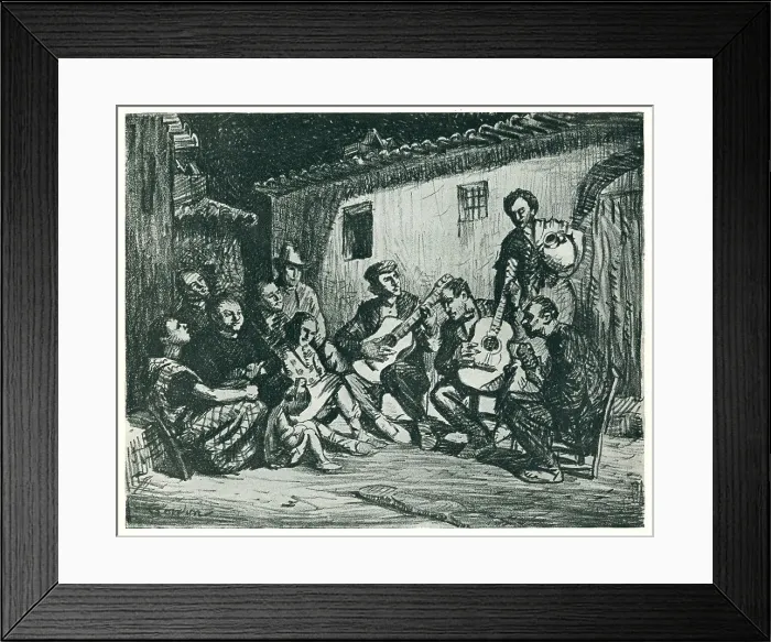 Framed Print : Malaquera. This pencil drawing captures a musical scene in which a closely Framed Print : Malaquera. This pencil drawing captures a musical scene in which a closely