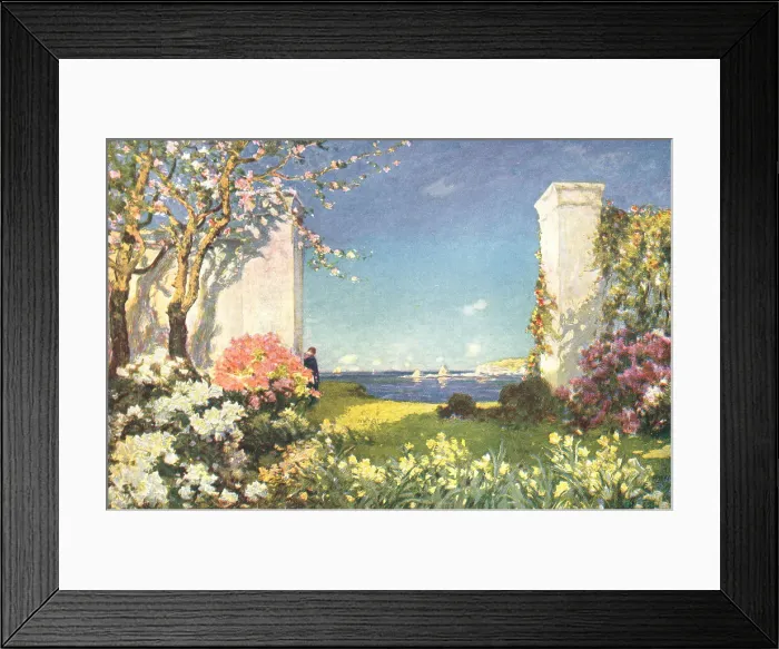Framed Print : Spring. A colourful painting which shows a figure leaning in a wide opening Framed Print : Spring. A colourful painting which shows a figure leaning in a wide opening