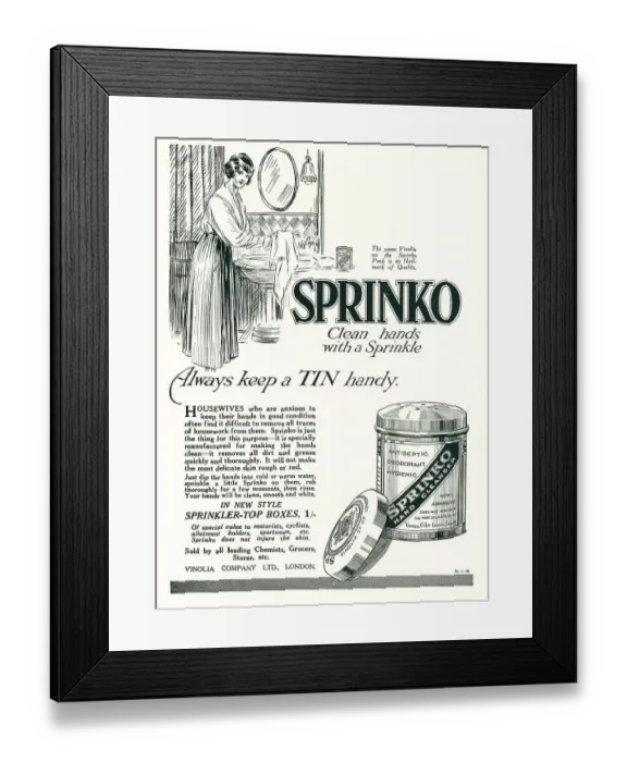 Framed Print : Vinolia Company Sprinko Advertisement Framed Print : Vinolia Company Sprinko Advertisement