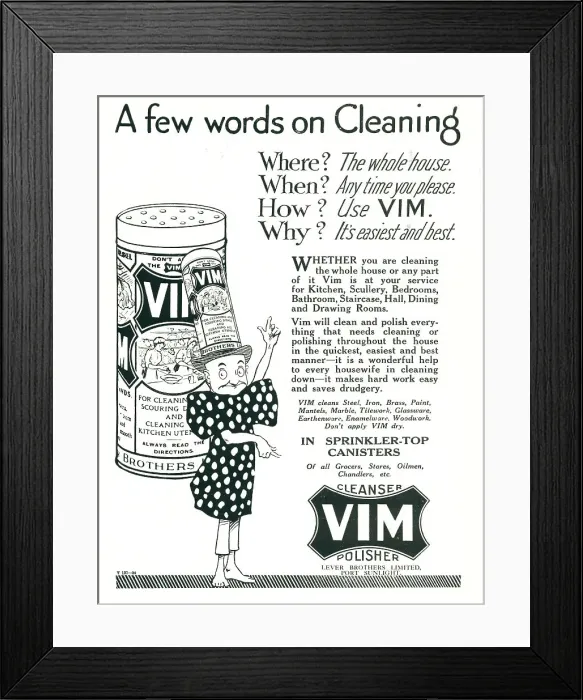 Framed Print : Lever Brothers Vim Advertisement Framed Print : Lever Brothers Vim Advertisement