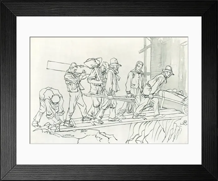 Framed Print : Workmen. An illustration which shows a procession of workmen crossing a Framed Print : Workmen. An illustration which shows a procession of workmen crossing a