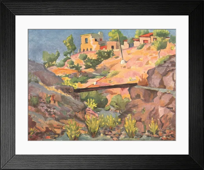 Framed Print : La Rambla. A landscape oil painting of some town houses situated on a hilltop