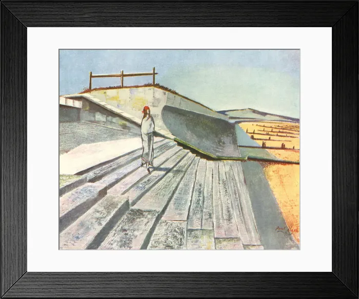 Framed Print : Sea Wall. A watercolour painting of a figure wearing a white covering Framed Print : Sea Wall. A watercolour painting of a figure wearing a white covering