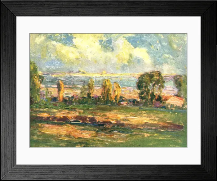Framed Print : Seascape. An oil painting of some grasslands situated before a distant view of the sea Framed Print : Seascape. An oil painting of some grasslands situated before a distant view of the sea