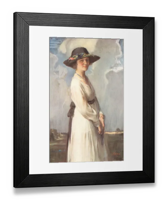 Framed Print : April. A portrait oil painting of a smiling young woman wearing a white Framed Print : April. A portrait oil painting of a smiling young woman wearing a white
