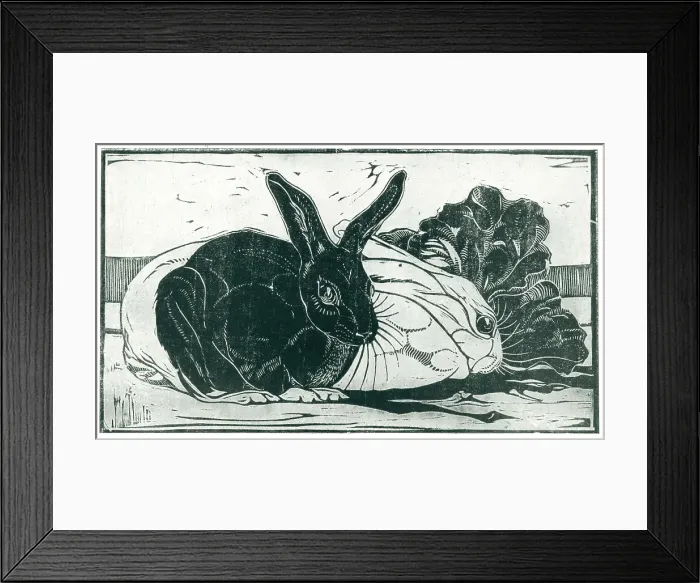 Framed Print : Rabbits. This woodcut shows a pair of contrasting white
