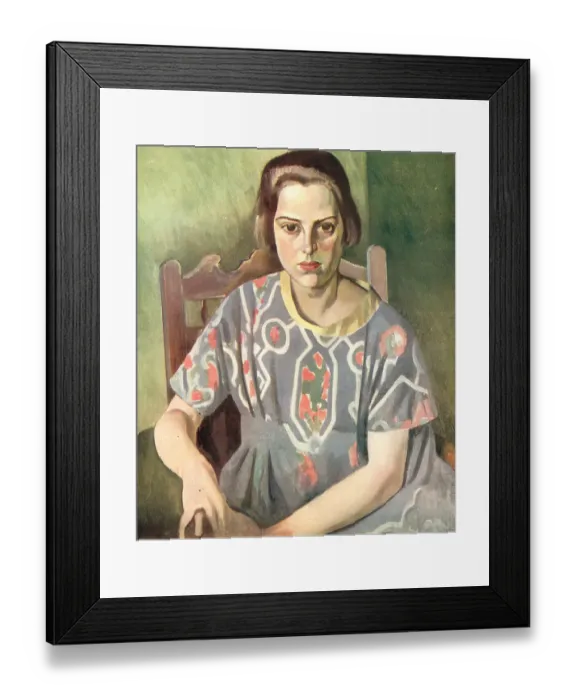 Framed Print : Kitty. A portrait oil painting of Kitty, a seated girl wearing a patterned Framed Print : Kitty. A portrait oil painting of Kitty, a seated girl wearing a patterned