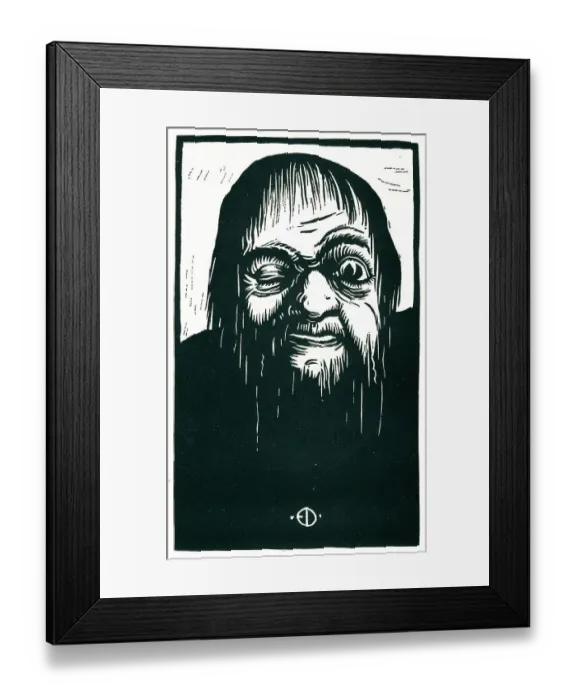 Framed Print : Tritone. A woodcut which portrays a winking old man with seemingly drenched hair Framed Print : Tritone. A woodcut which portrays a winking old man with seemingly drenched hair
