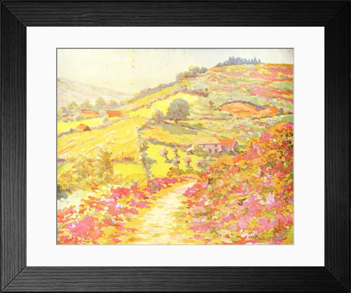 Framed Print : Landscape. A landscape oil painting of a narrow pathway sided with pink wildflowers Framed Print : Landscape. A landscape oil painting of a narrow pathway sided with pink wildflowers