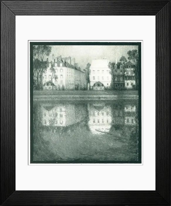 Framed Print : Reflets. A painting of some tidy, large town buildings, boldly reflected in the calm river Framed Print : Reflets. A painting of some tidy, large town buildings, boldly reflected in the calm river
