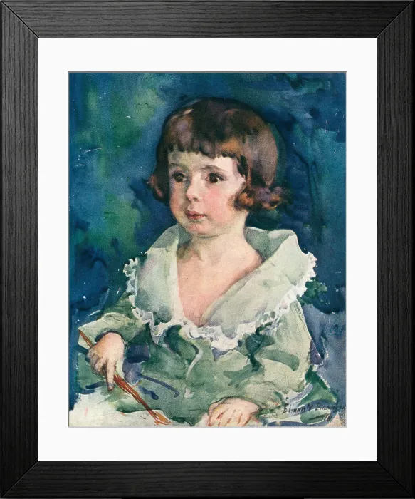 Framed Print : Tommy. A portrait watercolour painting of a young girl in a gress dress