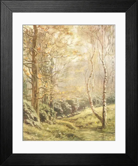 Framed Print : Sous Bois. A landscape painting of a clearing of grass