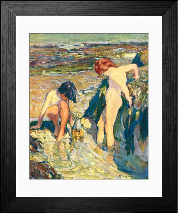 Framed Print : Toy Boat. A painting which shows two boys playing with a toy boat Framed Print : Toy Boat. A painting which shows two boys playing with a toy boat