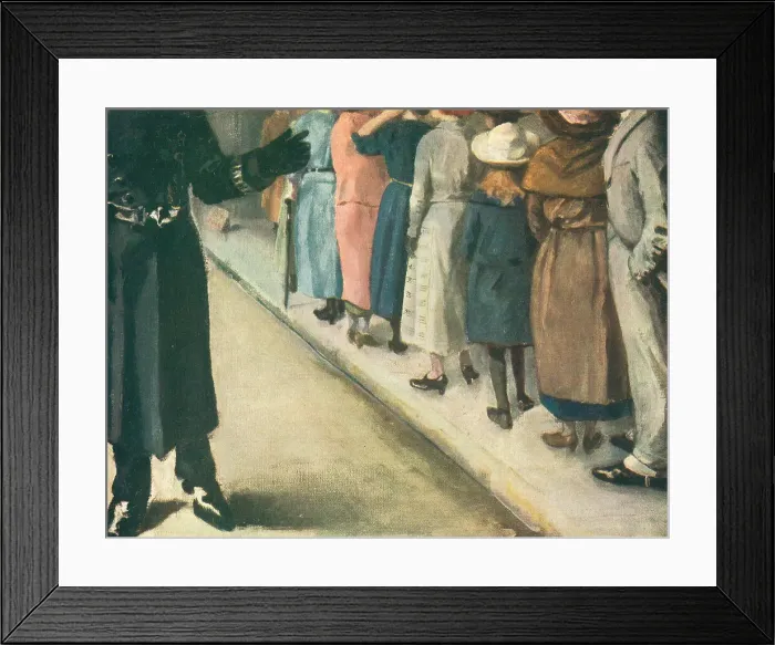 Framed Print : The Queue. A painting of a man in black uniform standing by a queue of people Framed Print : The Queue. A painting of a man in black uniform standing by a queue of people