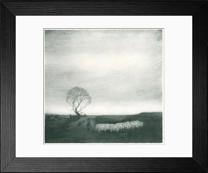 Framed Print : Evening. An etching which provides a gloomy view of a shepherd with his Framed Print : Evening. An etching which provides a gloomy view of a shepherd with his