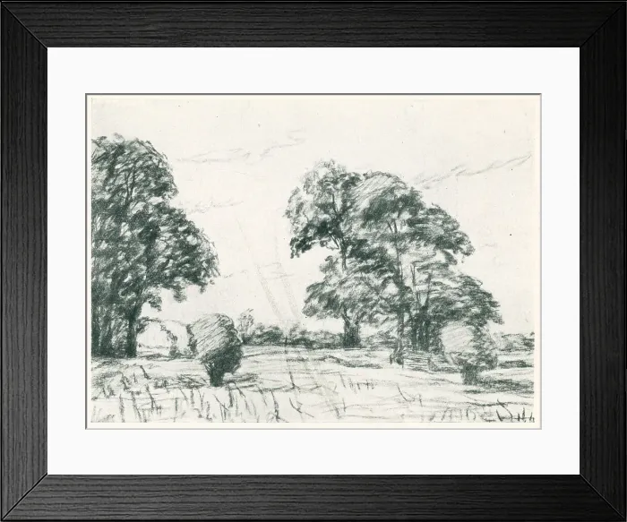 Framed Print : Harvest. A landscape drawing of a field and trees under a plain sky during harvest Framed Print : Harvest. A landscape drawing of a field and trees under a plain sky during harvest