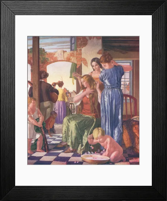 Framed Print : Vanity. A painting of a seated young lady, tweaking her long Framed Print : Vanity. A painting of a seated young lady, tweaking her long
