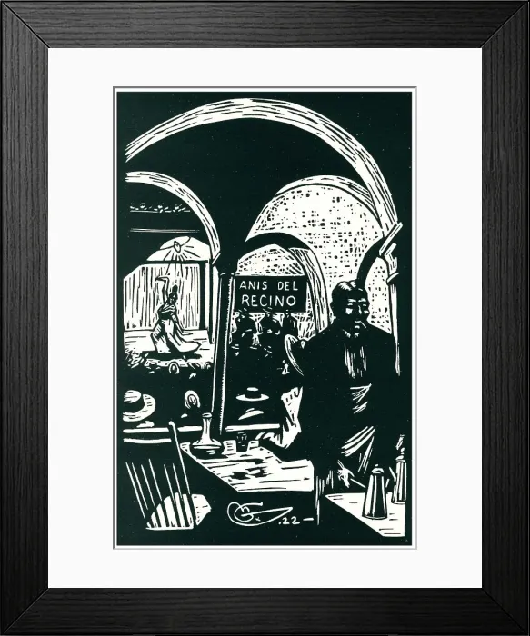 Framed Print : Servilla. A linoleum cut which displays an interior scene of a cafe or events venue Framed Print : Servilla. A linoleum cut which displays an interior scene of a cafe or events venue