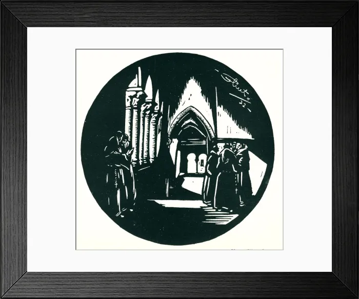 Framed Print : Cloisters. A linoleum cut of an interior scene, showing groups of priests conversing Framed Print : Cloisters. A linoleum cut of an interior scene, showing groups of priests conversing