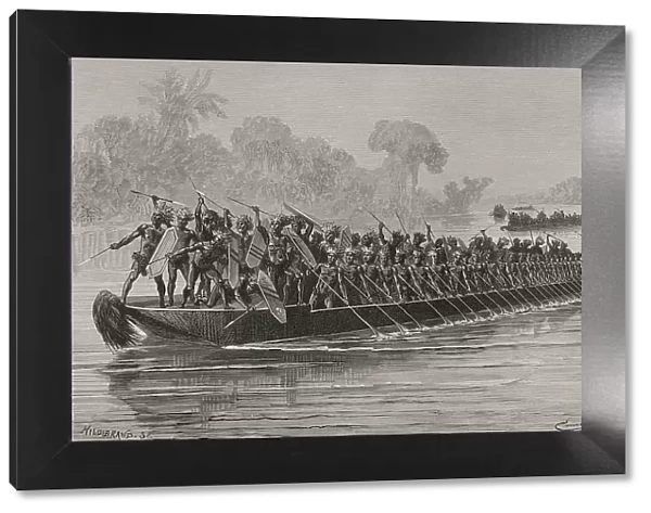 Warriors in a canoe navigating the Aruwimi River