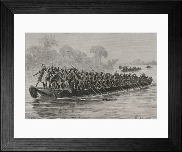 Framed Print : Warriors in a canoe navigating the Aruwimi River Framed Print : Warriors in a canoe navigating the Aruwimi River
