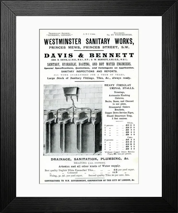 Framed Print : Advert, Davis & Bennett, heavy fireclay urinal stalls Framed Print : Advert, Davis & Bennett, heavy fireclay urinal stalls