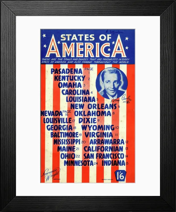 Framed Print : Music cover, States of America, sung by Bing Crosby Framed Print : Music cover, States of America, sung by Bing Crosby