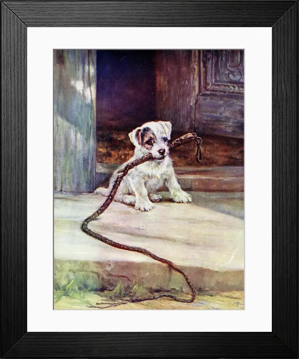 Framed Print : The New Pet, terrier puppy with whip Framed Print : The New Pet, terrier puppy with whip