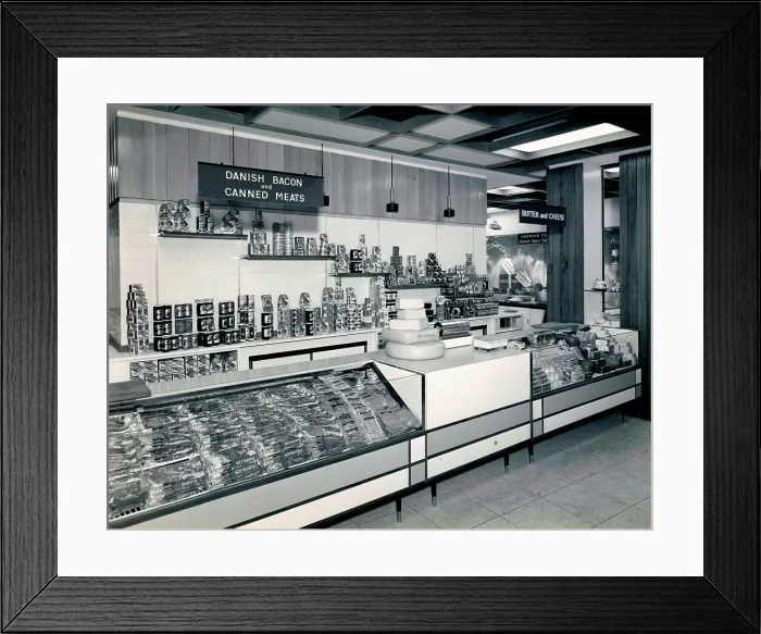Framed Print : Danish Bacon and Canned Meats display Framed Print : Danish Bacon and Canned Meats display
