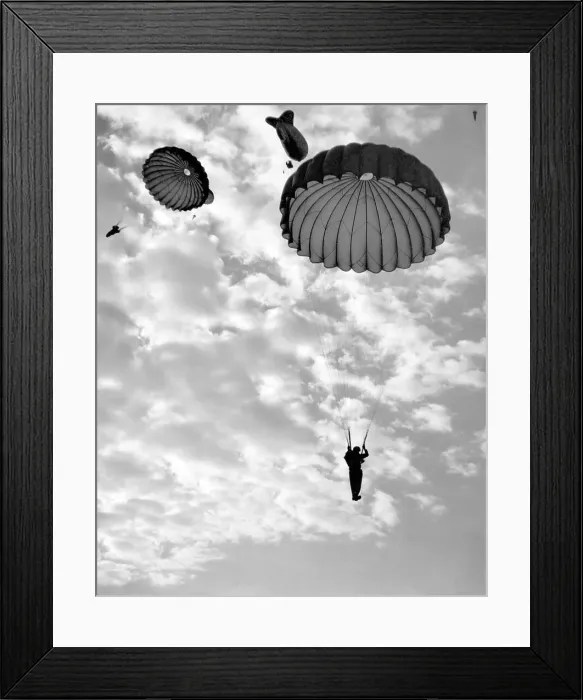Framed Print : Trainee paratroops descending from a Barrage Balloon Framed Print : Trainee paratroops descending from a Barrage Balloon