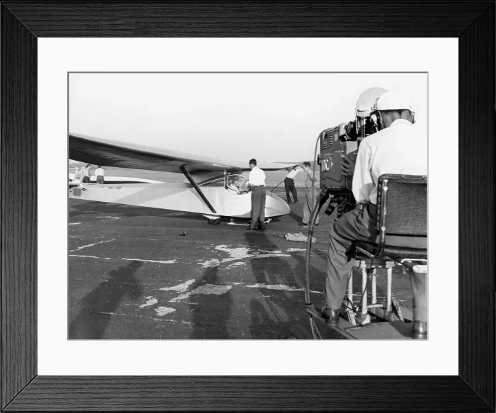 Framed Print : Raymond Baxter being filmed in a Slingsby T. 21 glider Framed Print : Raymond Baxter being filmed in a Slingsby T. 21 glider