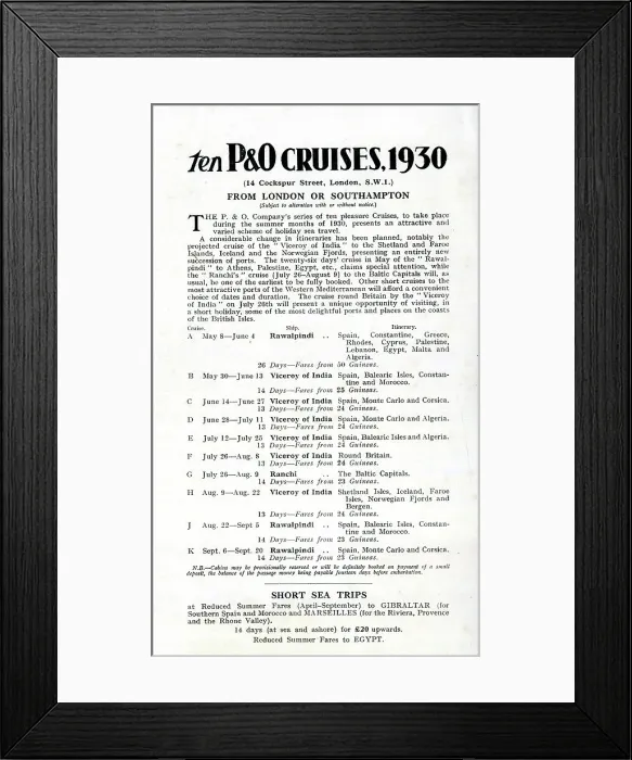 Framed Print : Advert, Ten P & O Cruises, 1930 Framed Print : Advert, Ten P & O Cruises, 1930