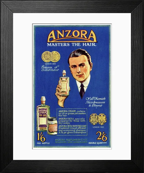 Framed Print : Advert, Anzora Hairdressing Cream, Oil and Soap Framed Print : Advert, Anzora Hairdressing Cream, Oil and Soap