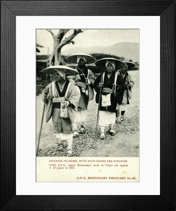 Framed Print : Japanese pilgrims with hats, gongs and rosaries Framed Print : Japanese pilgrims with hats, gongs and rosaries
