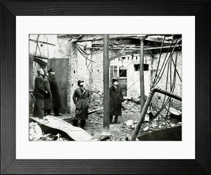 Framed Print : Inspecting Blitz bomb damage, Christie's Auctioneers, WW2 Framed Print : Inspecting Blitz bomb damage, Christie's Auctioneers, WW2