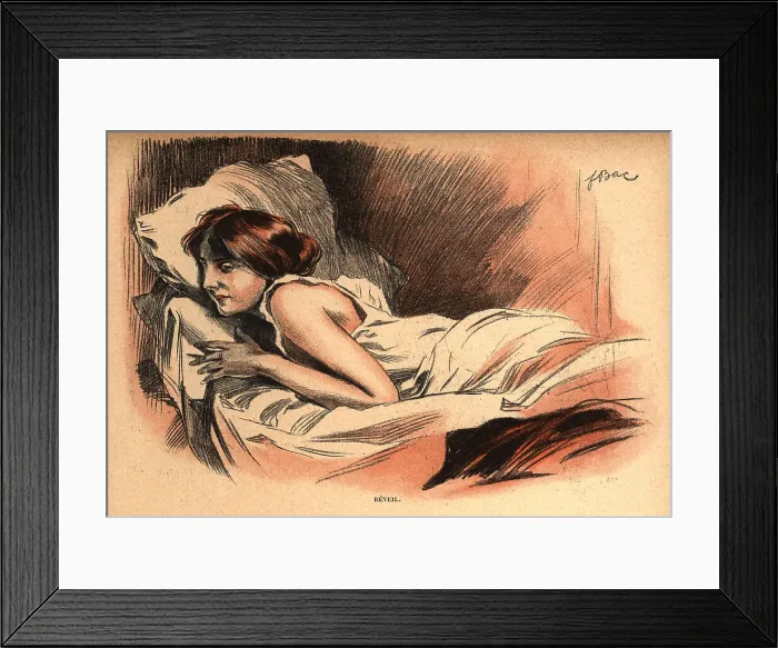 Framed Print : Reveil. This illustration portrays a young woman lying on her front in bed Framed Print : Reveil. This illustration portrays a young woman lying on her front in bed