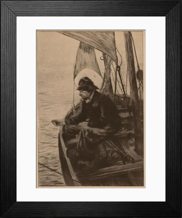 Framed Print : Fisherman. A portrait sketch of a fisherman holding out his line Framed Print : Fisherman. A portrait sketch of a fisherman holding out his line