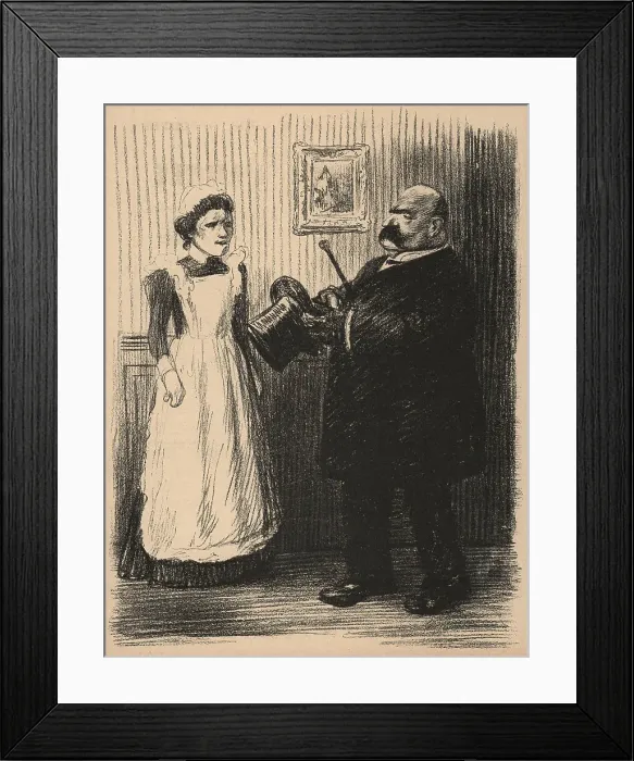 Framed Print : The Maid. A sketch which shows a large man, having removed his hat