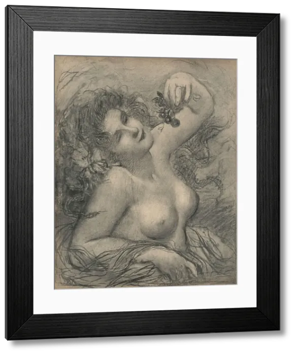 Framed Print : Grapes. A portrait sketch of a young lady dangling a small bunch of grapes above her mouth Framed Print : Grapes. A portrait sketch of a young lady dangling a small bunch of grapes above her mouth