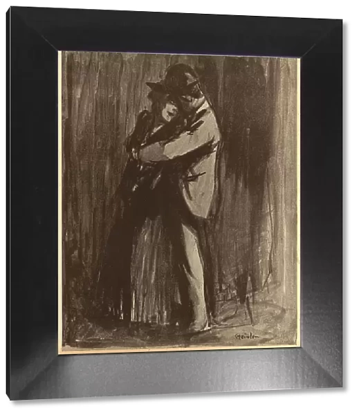 City Love. A sketch of a man embracing his wife in the city. Date: circa 1901