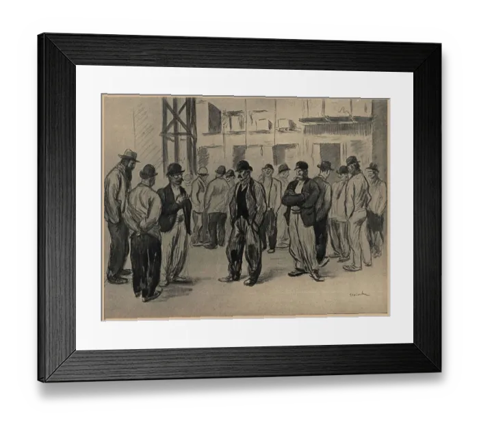 Framed Print : The Break. An illustration of a large group of workmen speaking with each Framed Print : The Break. An illustration of a large group of workmen speaking with each